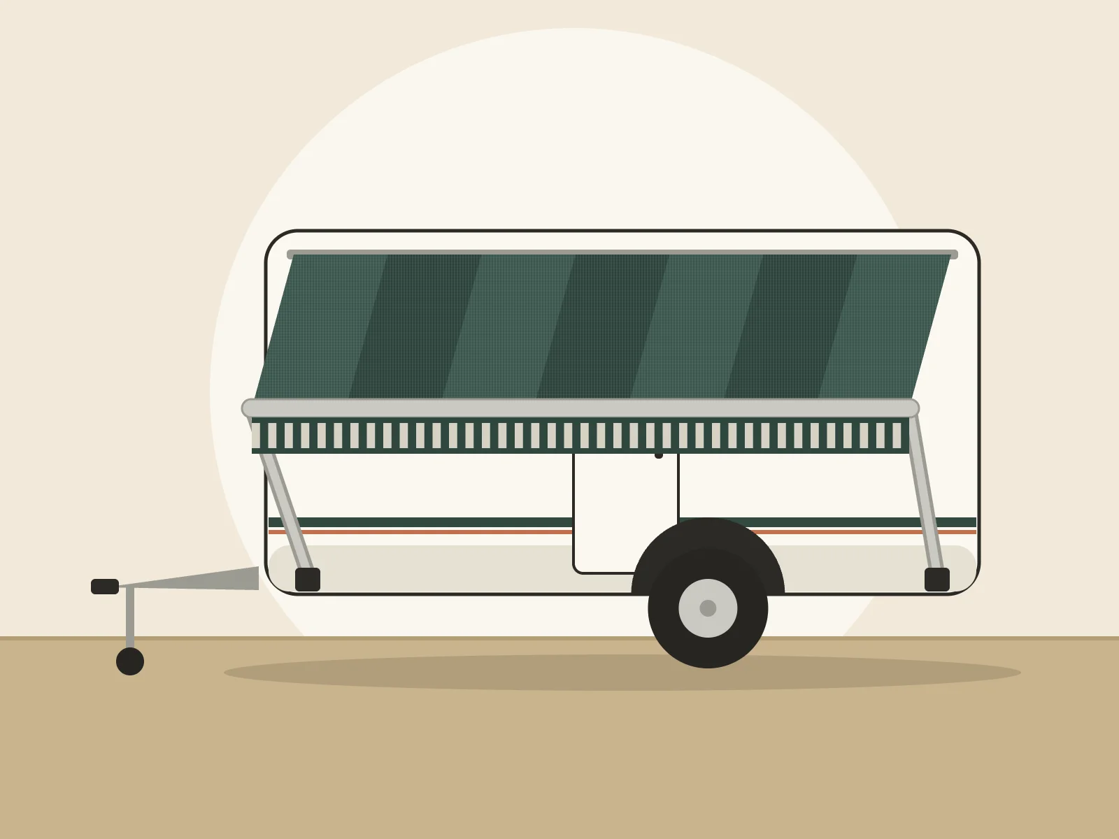 Illustration: a caravan with its roll-out awning out, held by two arms, with a striped valance